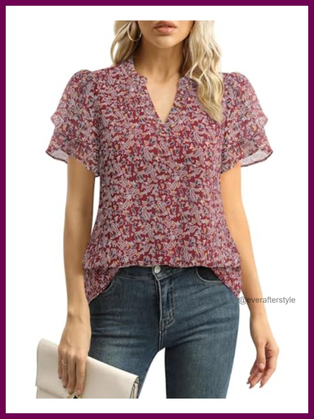 Women's Chiffon Blouse Petal Puff Short Sleeve V Neck Dressy Work Top